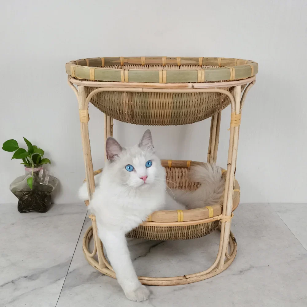 New Arrivals Natural Handmade Bamboo Cat Tree House Pet Bed Indoor Mattress Eco Friendly Fruit Basket 2 Tiers