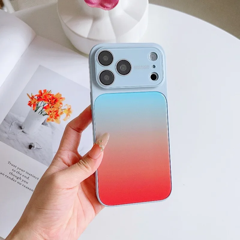 Luxury Gradient Large Window Tempered Glass Phone Case for IPhone 18 Pro 17 16 15 14 13 Pro Max Lens Protection Shockproof Case