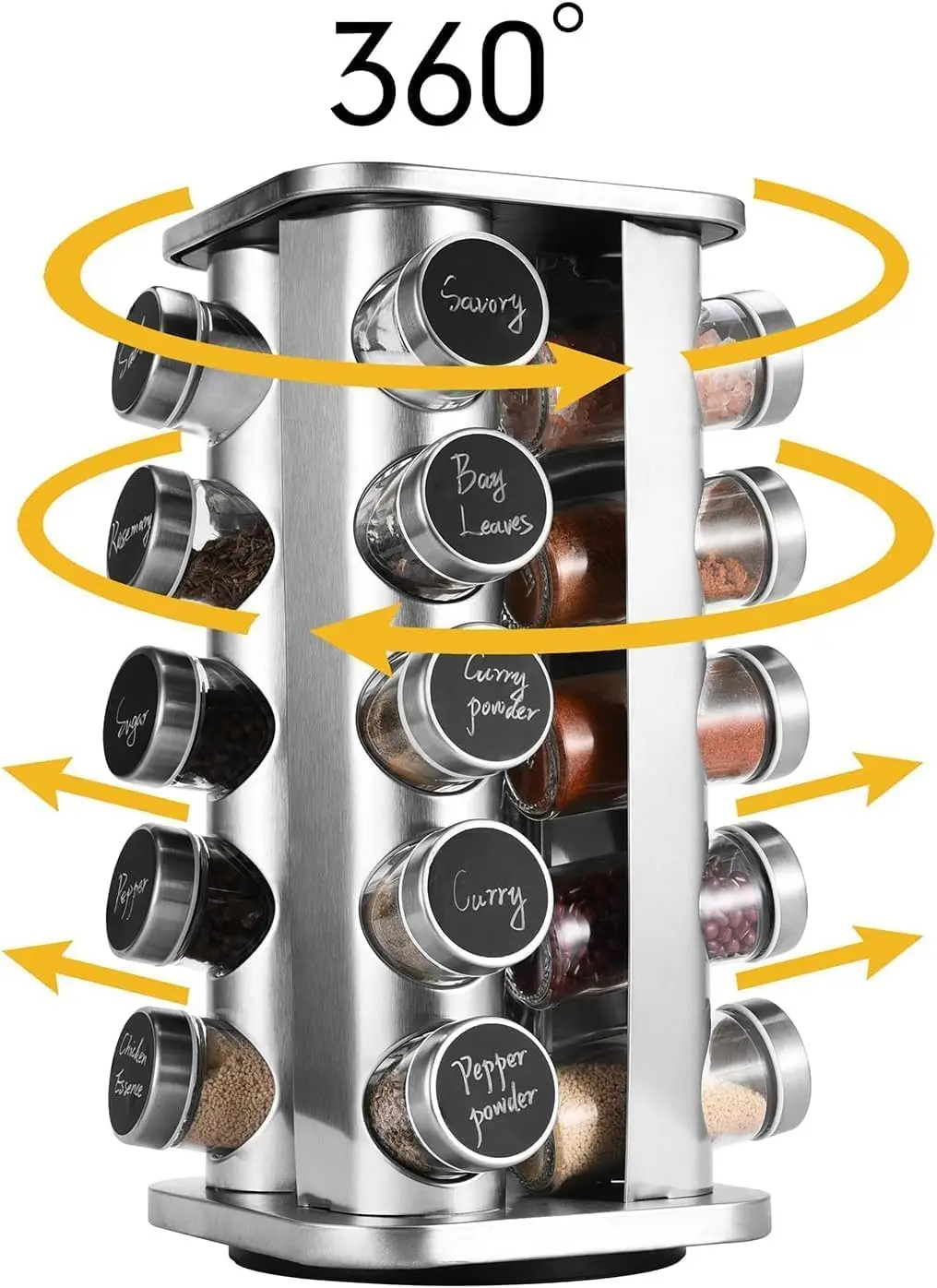 SAEIV Drehbares Edelstahl Gewürzregal mit 20 Glas-Gewürzdosen – 360° Gewürzständer inkl. Beschriftungsaufklebern, Marker & Reinigungsbürste – Moderner Platzsparender Gewürzorganizer für Küche – Detail 7