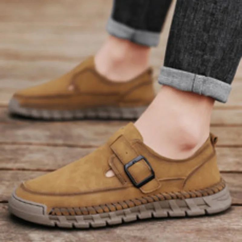 

Men's Breathable Slip-On Driving Shoes Hand Sewn Large Size Casual Leather Shoes Comfortable Rubber Sole Walking Shoes