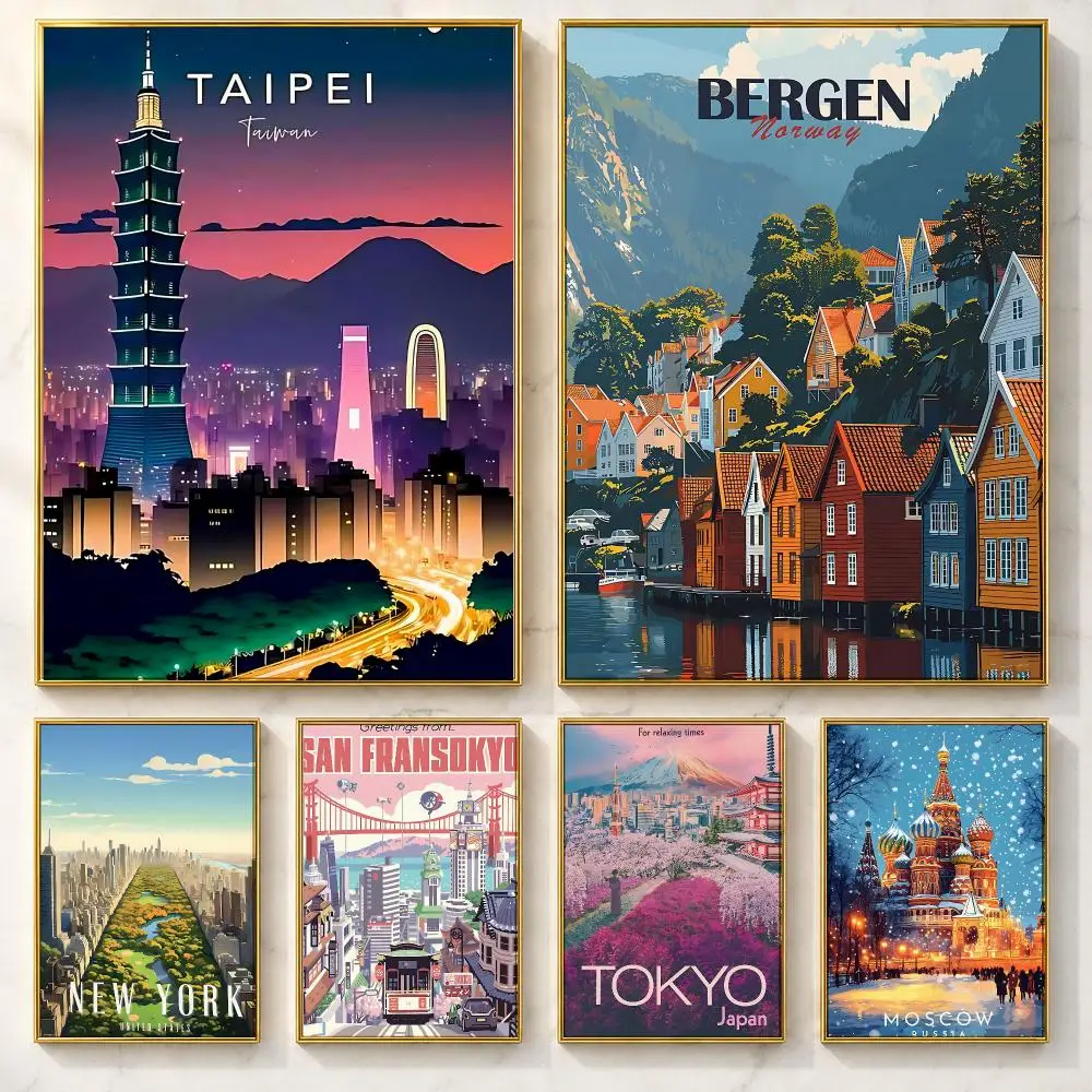 Cityscape Travel Poster C-CityS Poster Self-adhesive Art Poster Decoracion Painting Wall Art White Kraft Paper Home Decor