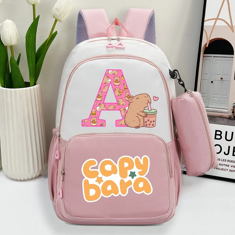 Capibara Girls Backpacks with Pencil Case Kids Capybara Letter A-Z School Bags Pouch Children Outdoor Sport Travel Rucksack Gift