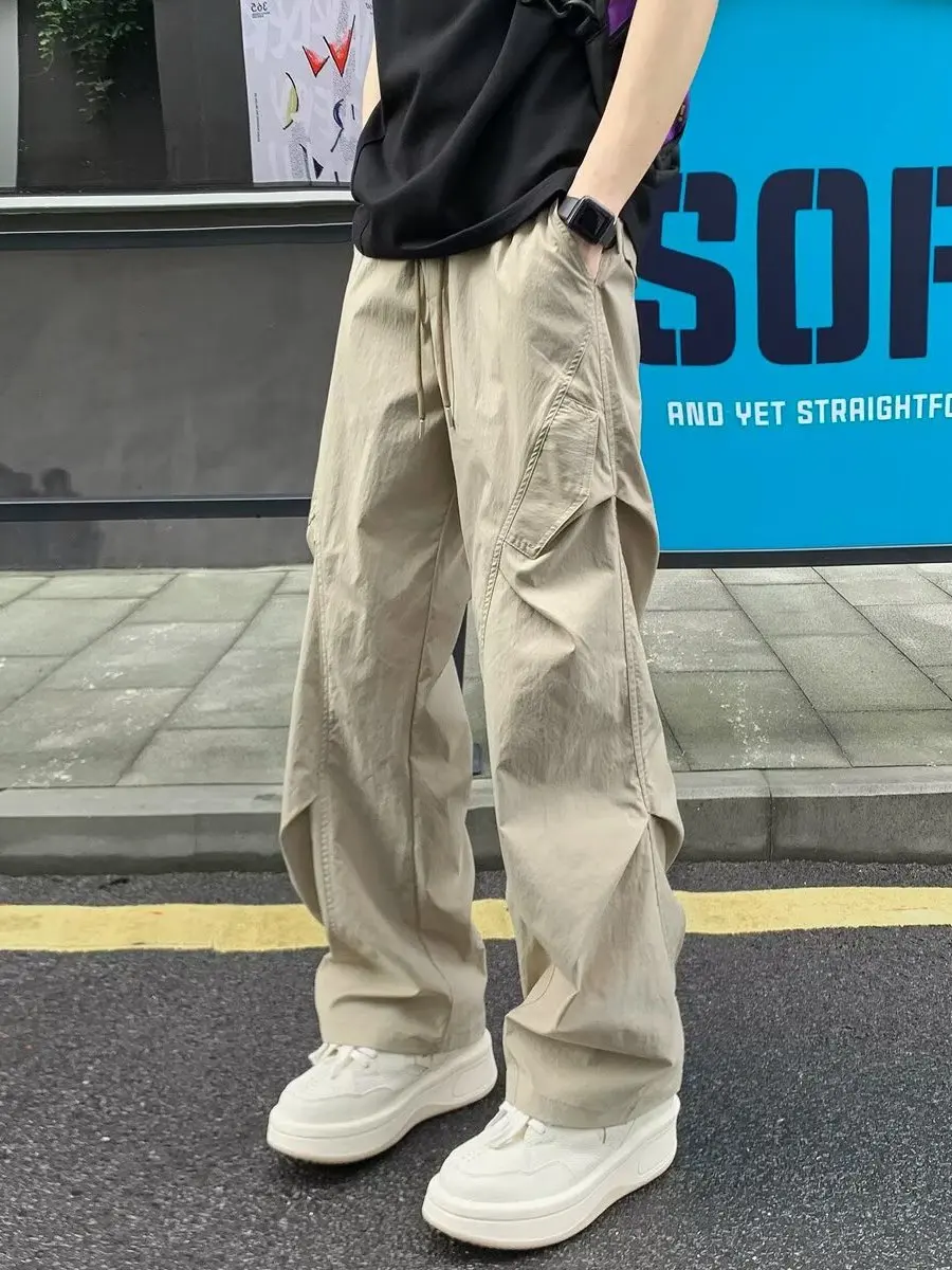 

Американские уличные складные брюки из ледяного шелка, мужские летние тонкие модные свободные прямые повседневные длинные брюки, модная молодежная рабочая одежда