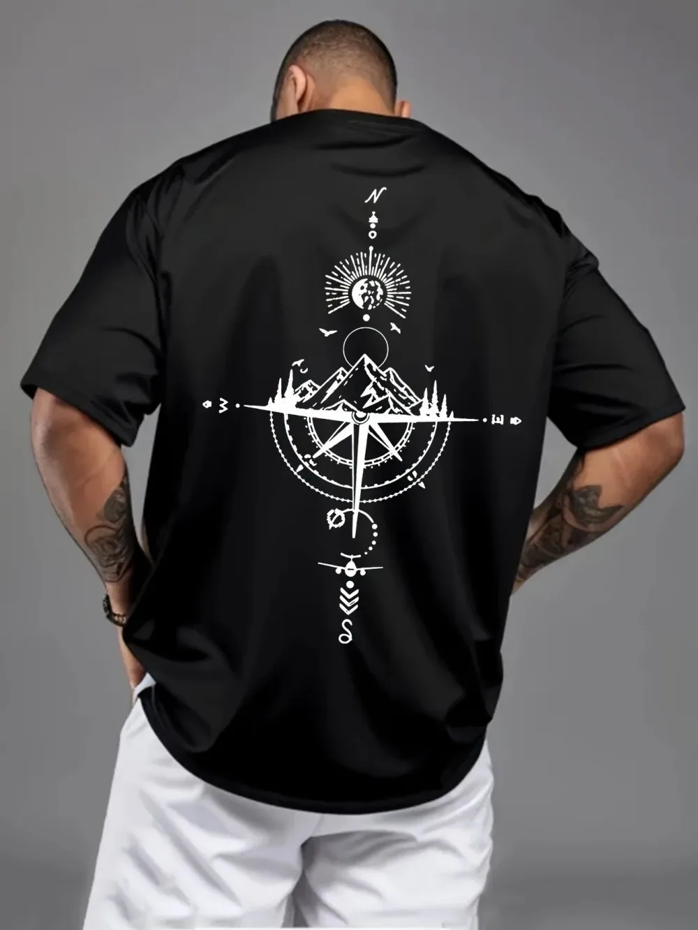 New summer men's polyester fabric casual sports loose retro compass printed comfortable round neck short sleeved T-shirt