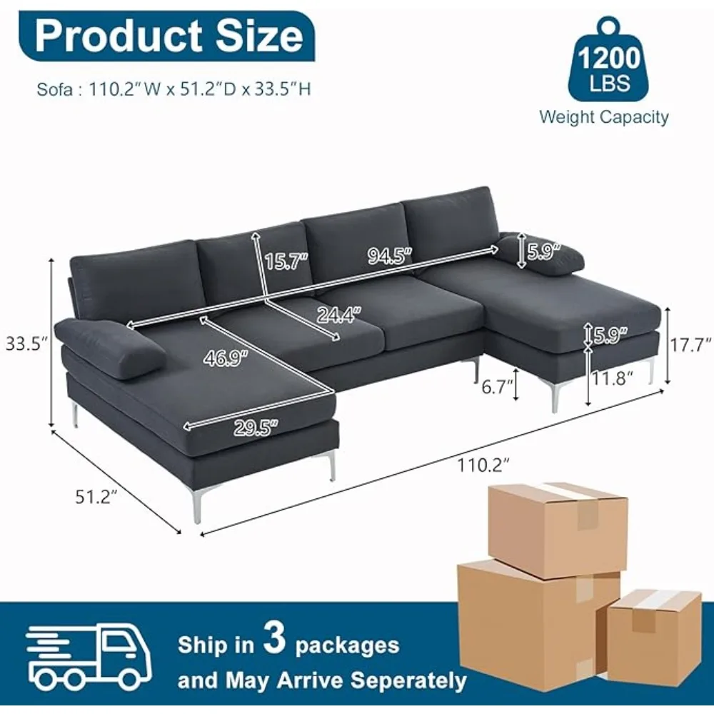 Modern U Shaped Sectional Sofa for Living Room, 110-Inch 6 Seat Large Couch with Double Lounge Chaise for Small Apartmant