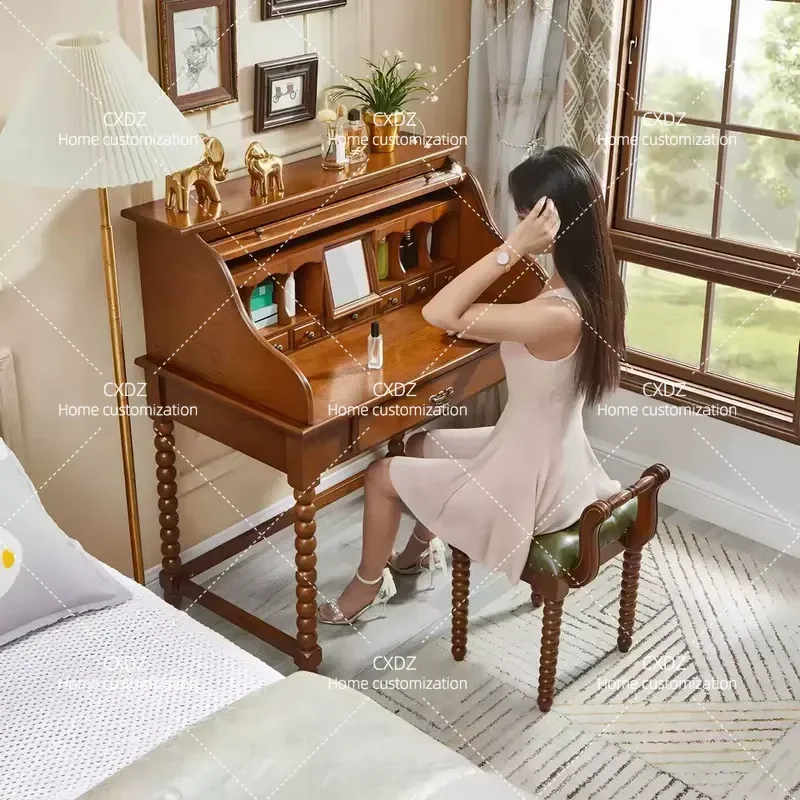 Medieval Style Solid Wood Dresser with Roller Shutter Makeup Table and Mirror High End Storage Cabinet for Small Apartment