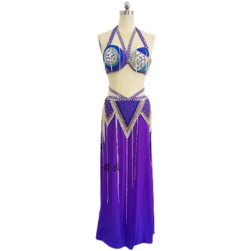 Customized Belly Dancewear Rhinestone Accessories Group Stage Suit Performance Costume Belly Dancing Bra Tassel Split Skirt Set