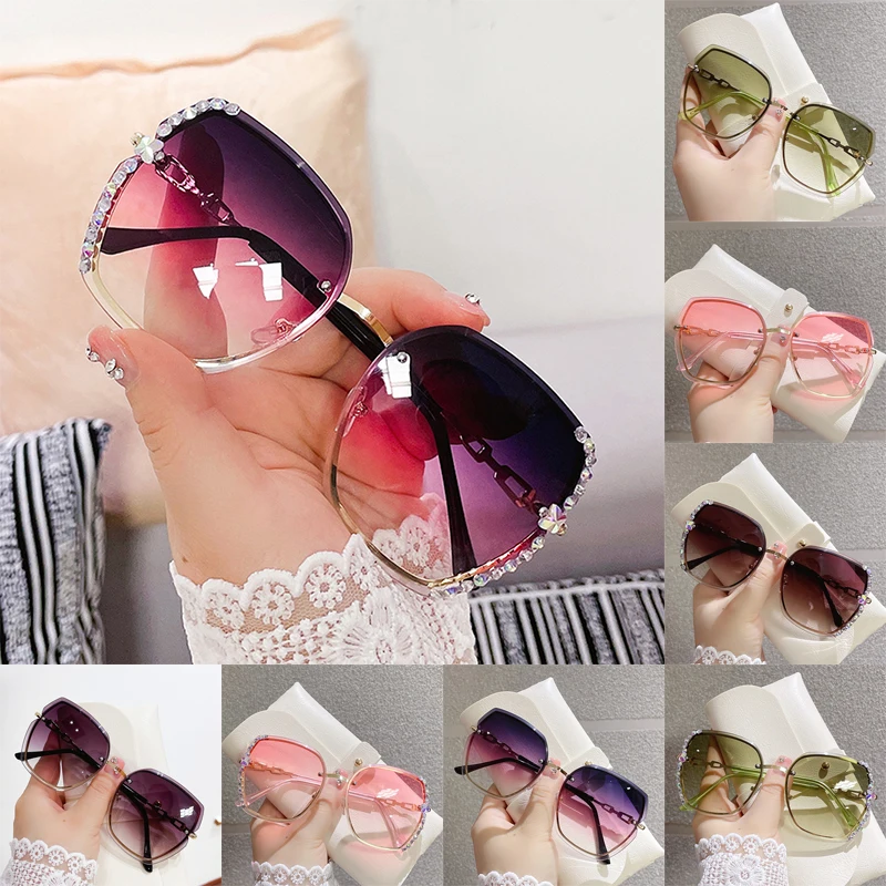 Brand Design Metal Sunglasses Women Big Frame Diamond-studded  Rimless Cut-edge Sunglasses glasses Gorgeous Avant-garde Decora