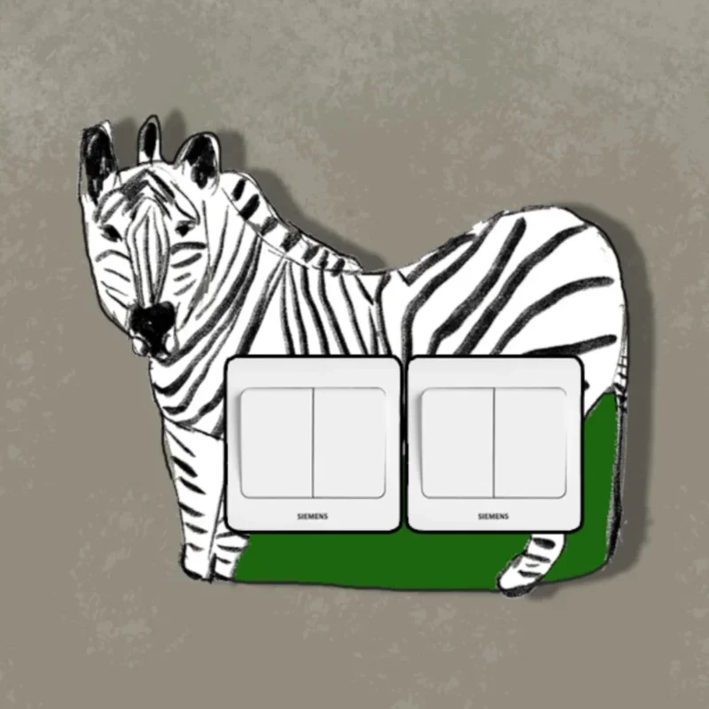 Zebra-Double Row Wooden 3D Switch Wall Sticker, 2 Opening Protective Cover, Bedroom and Living Room