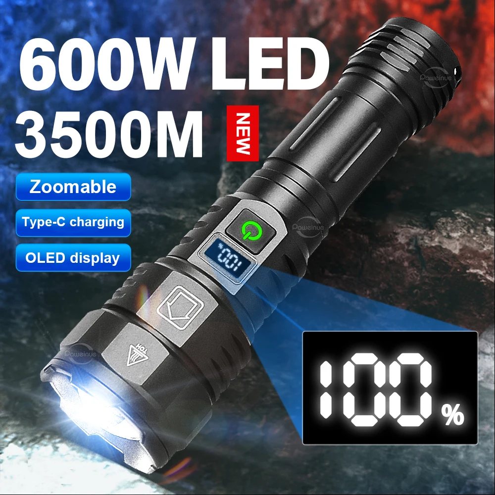 New 5000mAh 26650 Most Powerful Led Flashlight White Laser Tactical Torch TYPE-C USB Rechargeable High Power Camping Lantern