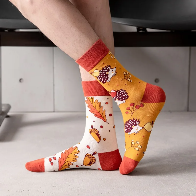 New AB feet flower and bird pattern mid-tube casual socks men\'s trendy socks plus size socks