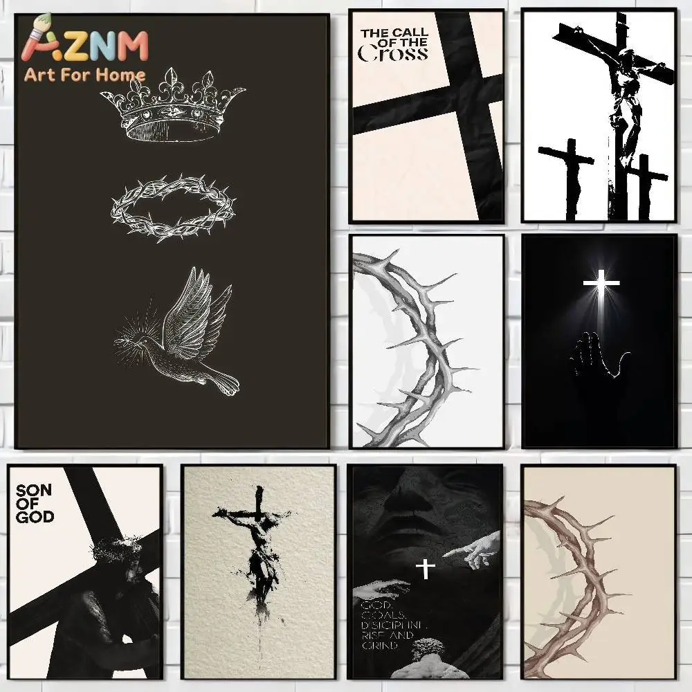 AZNM Minimalist Christian Cross Crown of Thorns Faith Pattern Frameless Canvas Poster Religious Prayer Room Wall Art Decor