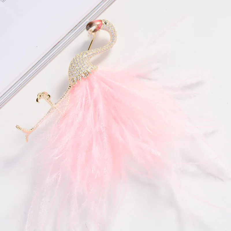 Fashion Shiny Cubic Zircon Pink and Black Feather Flamingo Brooches for Women Clothing Decoration Animal Bird Accessories Female