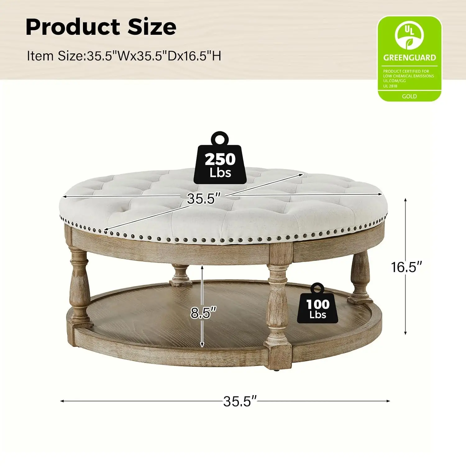 Large Round Ottoman Coffee Table Storage Tufted Shelf Wood Legs Upholstered Farmhouse Footrest Living Room Ivory Customized