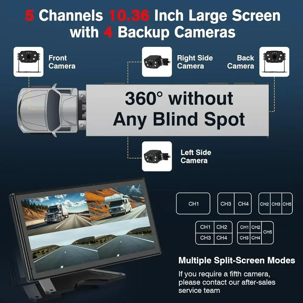 Truck RV Backup Camera System, 10.36'' Touch Screen Monitor with DVR Loop Recording, Smart BSD Alert, 4 HD 1080P IP69 Waterproof view 4