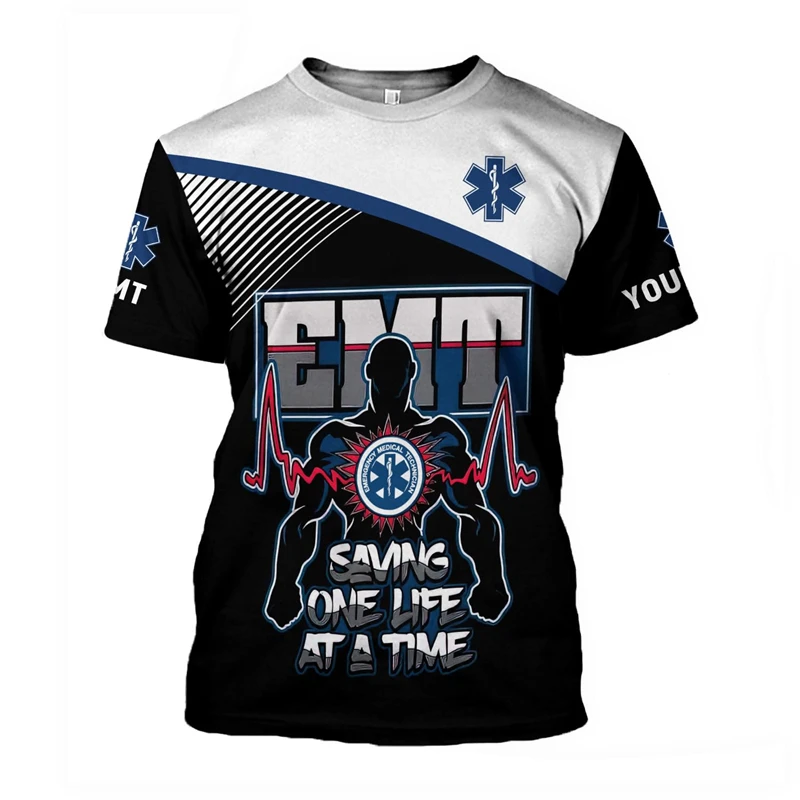 Camiseta Masculina 3D de Manga Curta para Verão 2026: Nova Coleção de Personagens de Equipe Médica EMS, Ideal para Festas Casuais ao Ar Livre