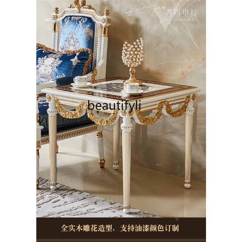 

European-style small square living room solid wood carving flower shell parquet countertop gold-painted square corner table