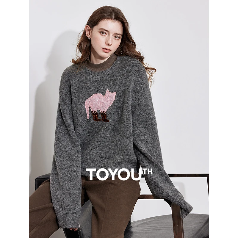 TOYOUTH Women Knitted Sweater 2024 Autumn Winter New Cat Pattern Round Neck Long Sleeve Woolen Pullover Tops