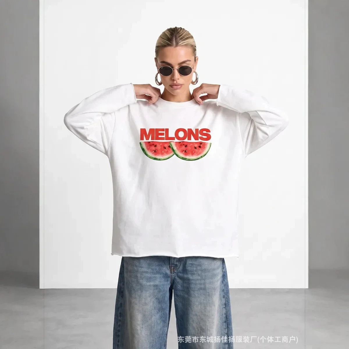 chic Retro Funny Melons Watermelon Graphic Oversized Cotton Long Sleeve Tee Women Y2K Playful Aesthetic Crew Neck Casual T‑Shirt