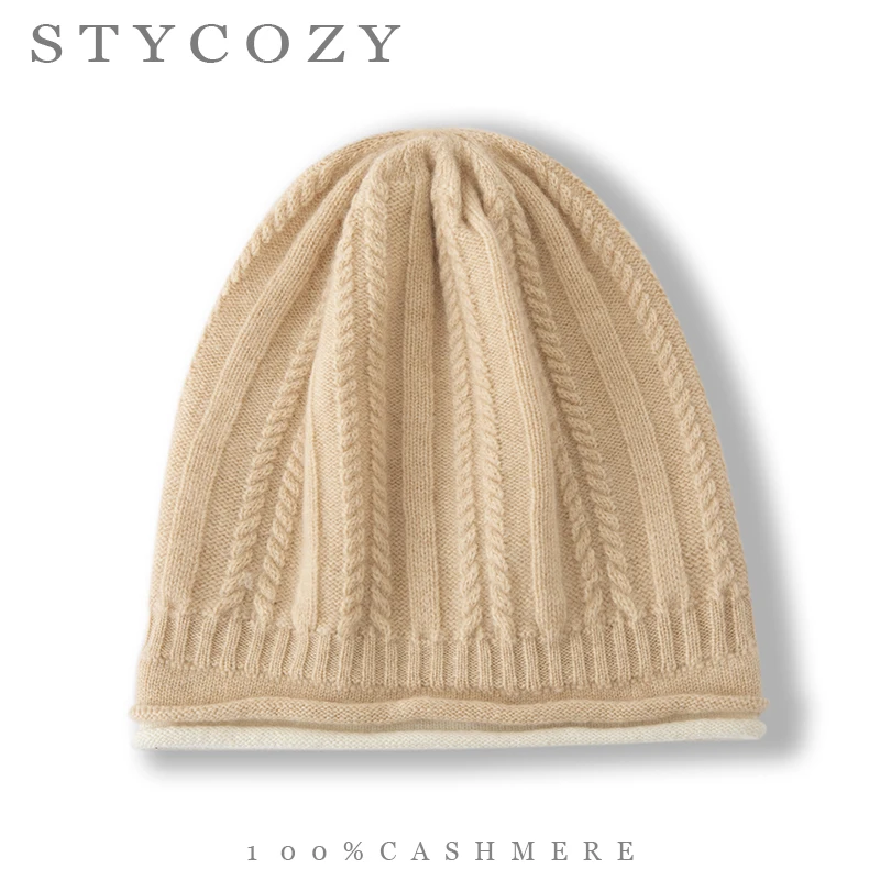 100%Cashmere Women Knit Beanie Quiet Luxury Color Blocking Double Rolled Edge Hat Daily Commute Winter Outdoor Warm Fancy Cap