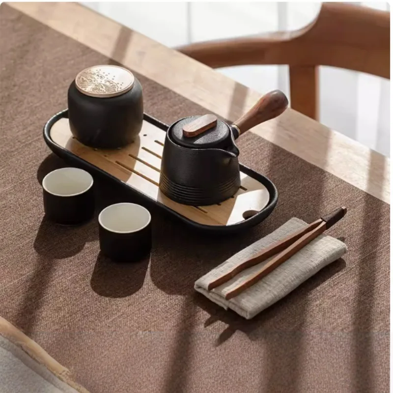 Black Lu Bao Hotel B&B Tea Set One Pot Two Cups Teapot Tea Tray Kung Fu Tea Set Side Handle Pot Travel Small Set Customized Gift