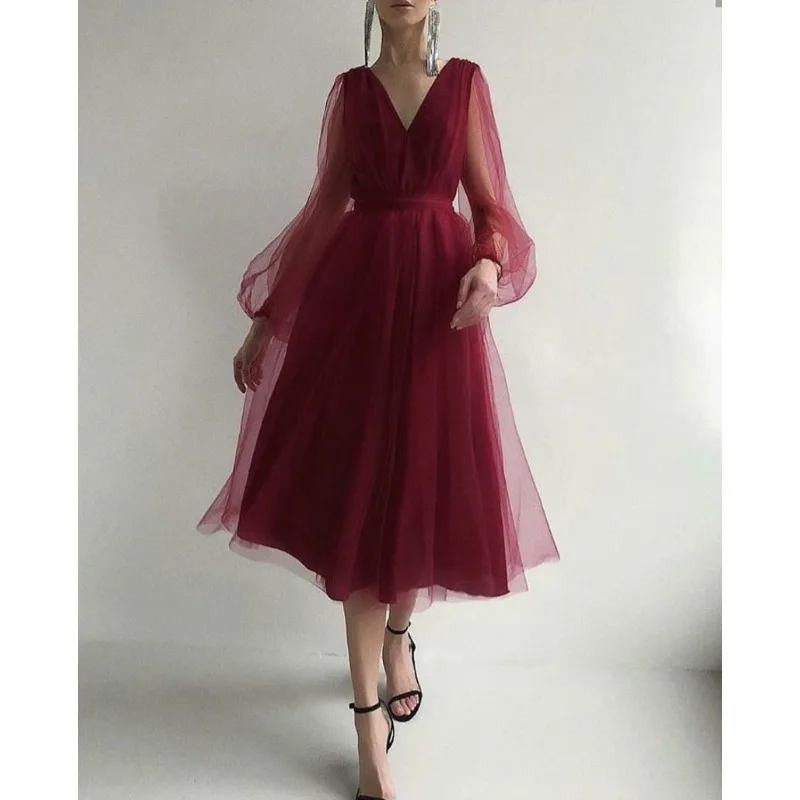 Elegante Frauen Mesh Fee Party Kleid Sexy Mode Langarm V-ausschnitt Korsett Slim Fit Abschluss Gast Abendkleid Robe