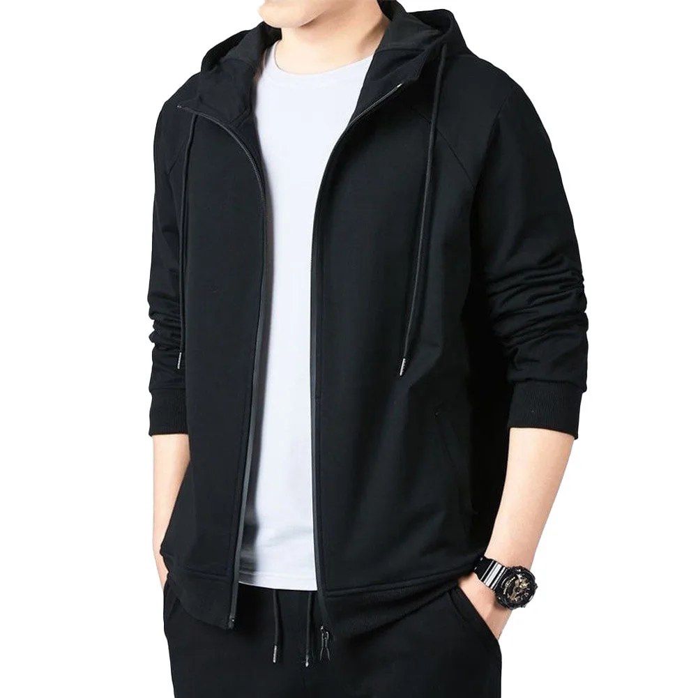 Lightweight Men's Hooded Collar Jacket Sweatshirt for Spring Autumn Casual Outfit Black Gray XL-4XL Solid Color