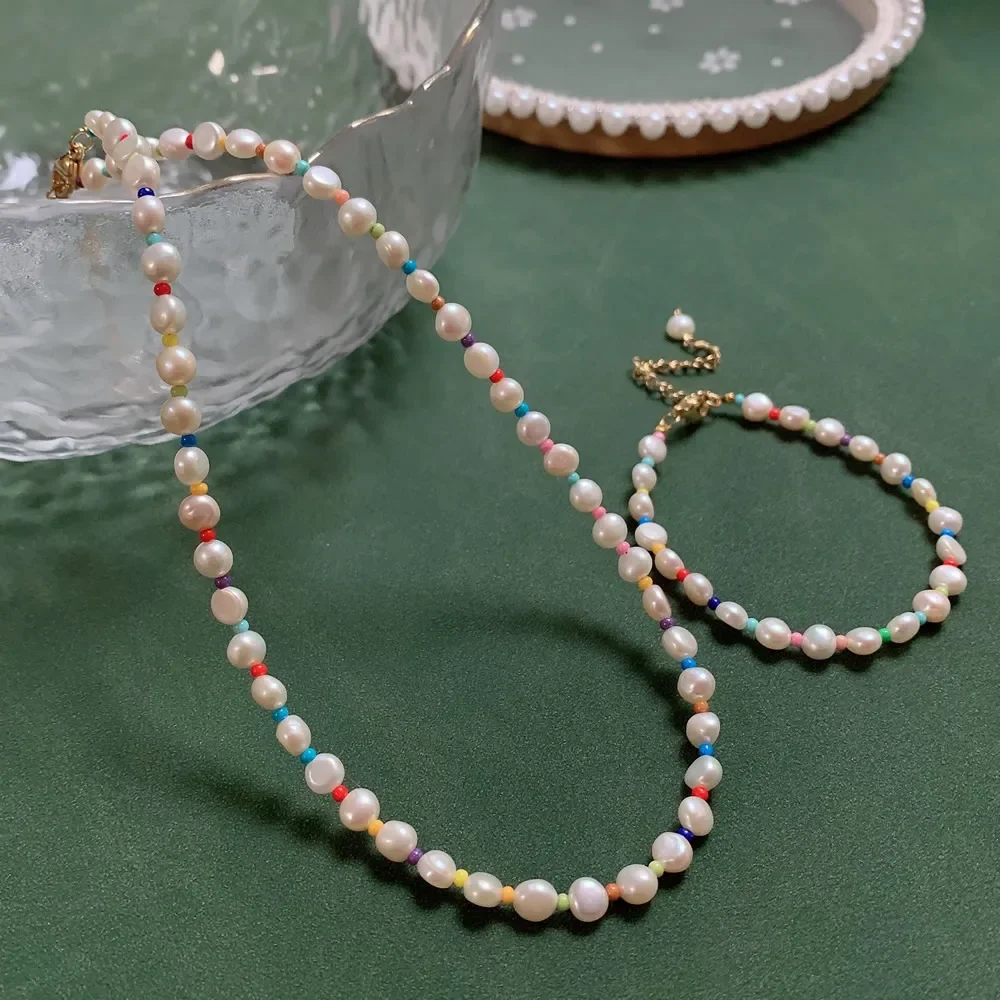 Colorful Mini Beads Charm Real Natural Freshwater Pearl Necklace for Women Jewelry Set Baroque Pearl Bracelets Choker Collier