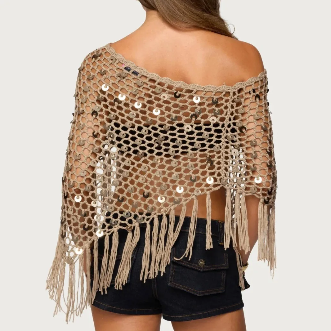 2026 New Women Handmade Crochet Sequin Triangle Shawl Tassel Asymmetric Shoulder Cape Hollow Out Casual Vacation Beach Cover Up