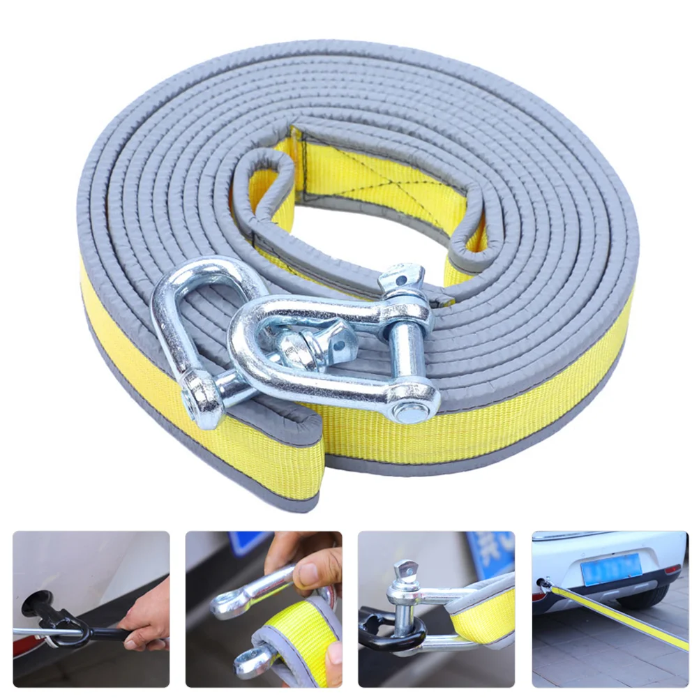 Car Tow Rope Professional Sturdy Trailer Drawstring 4m Cable with Hooks Heavy Duty Pull Yellow Towing Accessory Strap