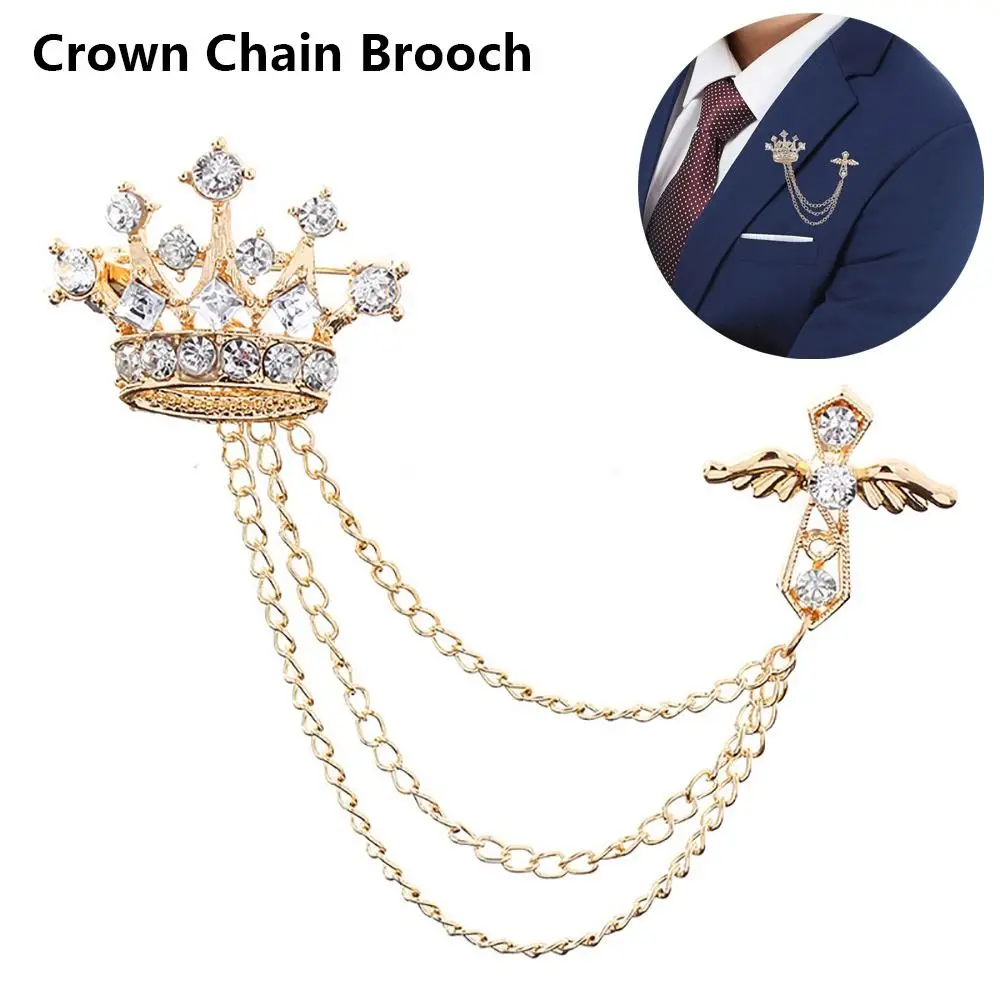 1Pcs New Crown Chain Brooch Temperament Metal Tassel Crystal Brooch Vintage Collar Jewelry For Women Dress Mens Shirt Suit Set