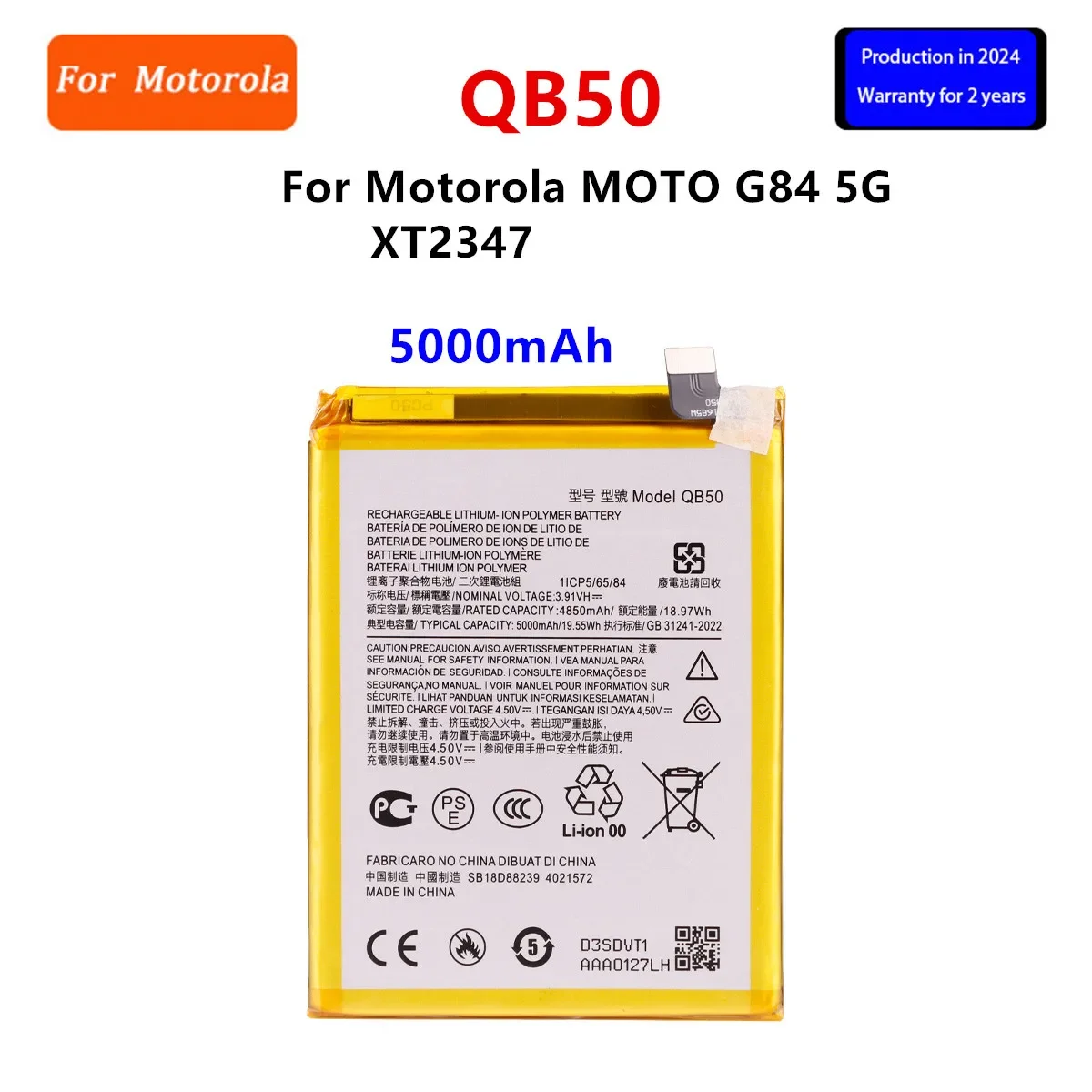 Brand New QB50 5000mAh Battery For Motorola MOTO G84 5G XT2347 XT2347-2 Mobile phone Batteries+Tools