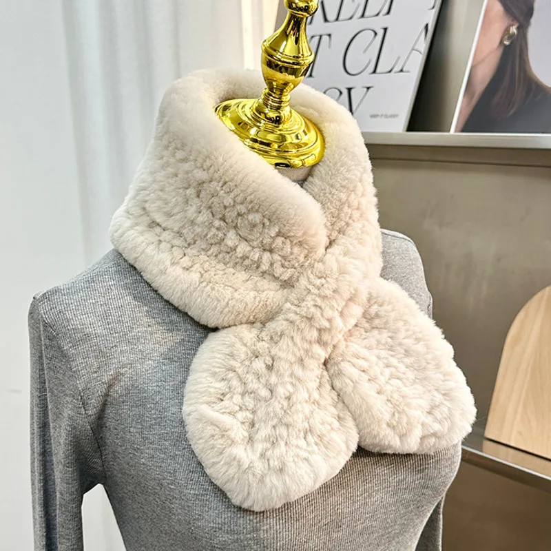 Real Rex Rabbit Fur Scarf Fashion Knitted Double-sided Plush Scarf Cozy Thickened Windproof Winter Scarf For Ladies Outdoor Ski