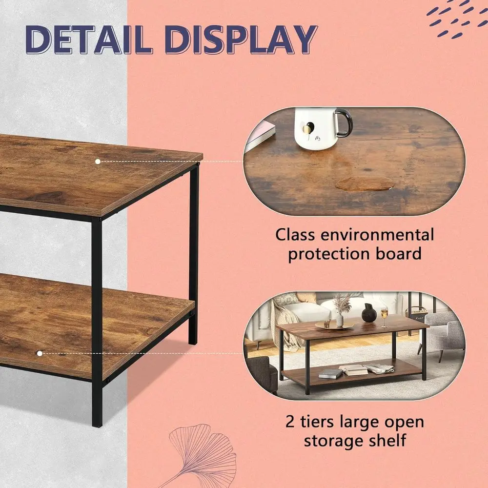 طاولة قهوة من الخشب والمعدن البني بطبقتين مع مساحة تخزين، أثاث غرفة المعيشة، 39.3 × 20 × 16 #5