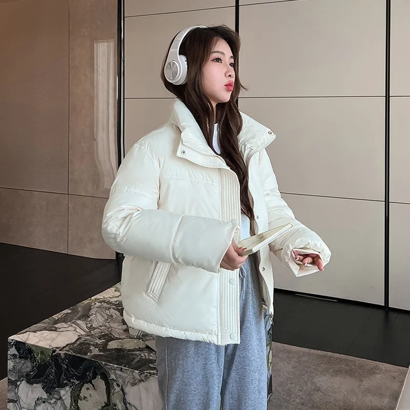 Women Short Puffer Jacket Stand Collar Zip Up Loose Thick Warm Cotton Coat For Winter