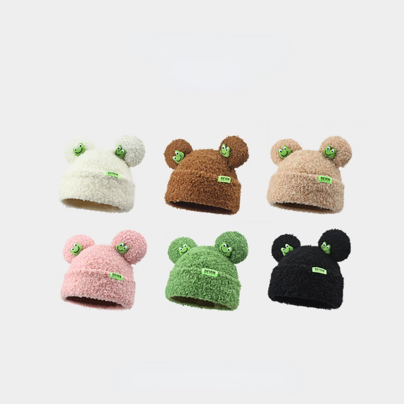 Japanese Plush Cute Frog Women\'s Hats Lamb Velvet Pullover Caps Winter Warm Cartoon Wild Ear Protection Beanies Hat for 2022