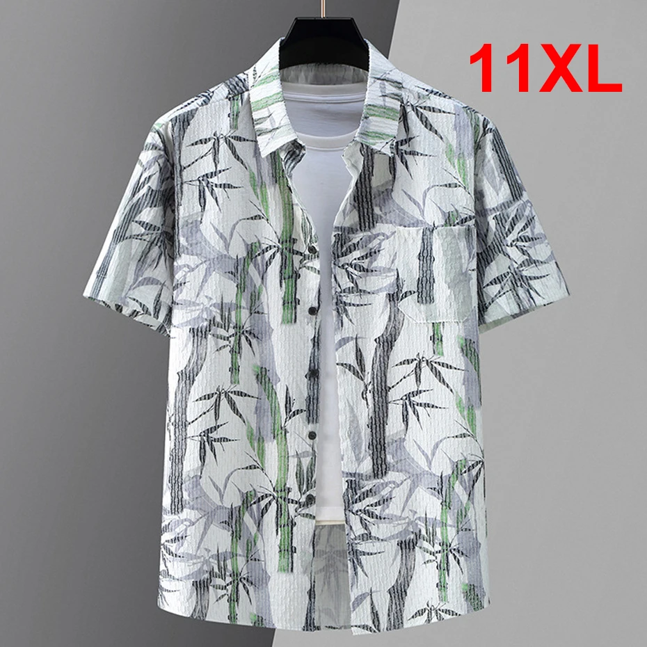 

2024 Summer Hawaiian Shirt Men Plus Size 10XL 11XL Shirts Casual Fashion Bamboo Leaf Print Short Sleeve Shirt Male Big Size 10XL