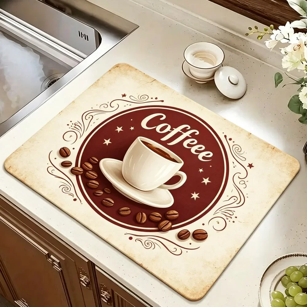 Coffee Chocolate Art Kitchen Drain Mat Super Absorbent Dish Drying Pad Waterproof Non Slip Sink Shelf Cover Base