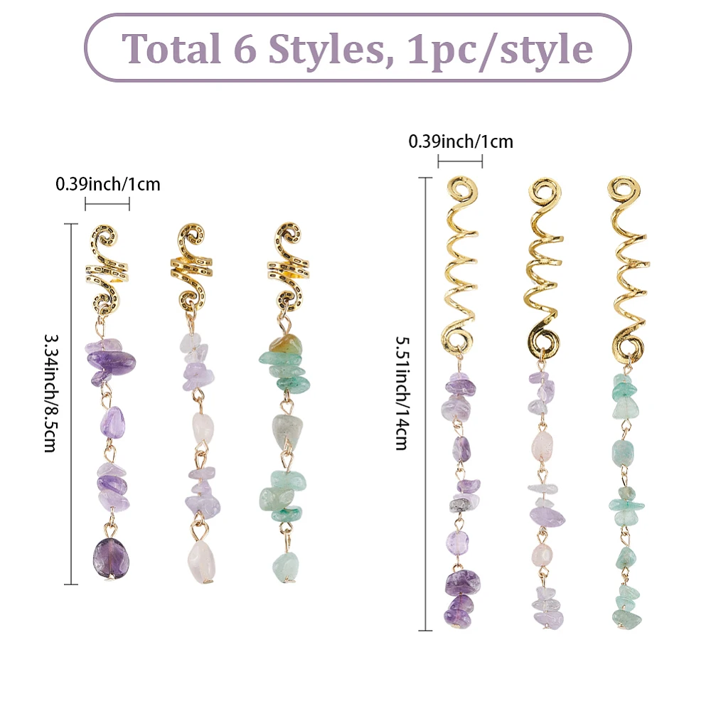 1 Box 6Pcs 6 Styles Stone Hair Jewelry Snake Hair Braid Gold Metal Alloy Green Aventurine Rose Quartz Amethyst Dreadlock Coil