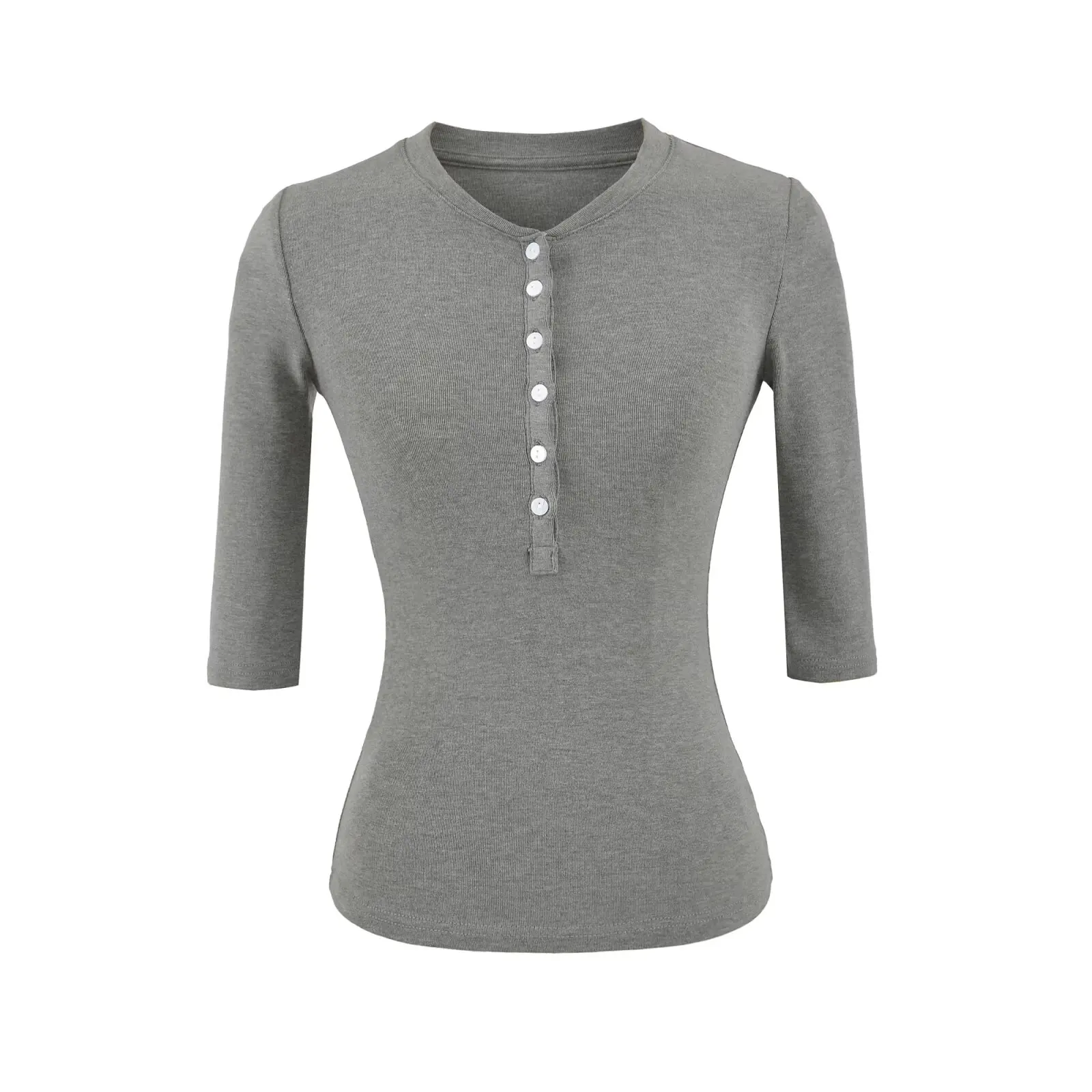 Ele Slim Fit Henry Collar f Sve Top Women أوائل الخريف مطاطا T irt قاعدة أساسية متعددة الاستخدامات irt Commute Sle Cot... #4