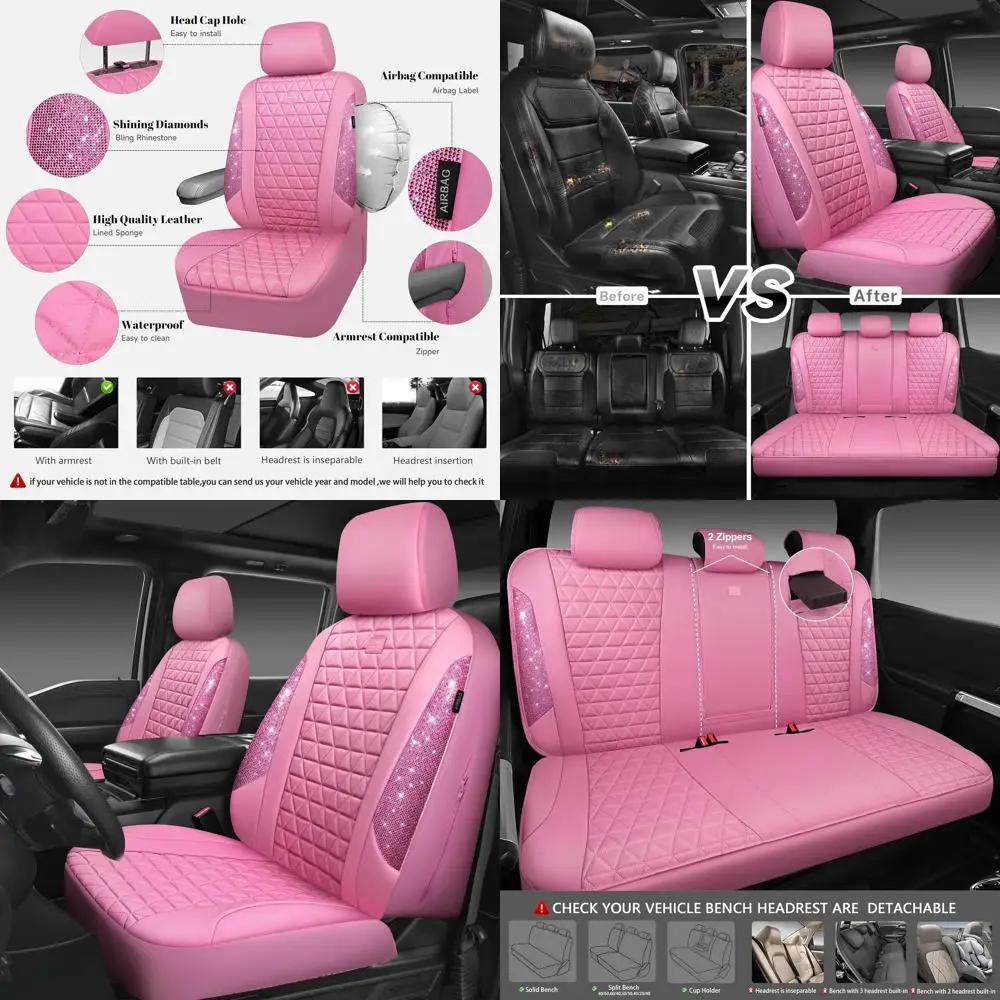 

Розовые кожаные чехлы на автомобильные сиденья с блестящими бриллиантами, полные наборы внутренних комплектов, водонепроницаемый универсальный подлокотник с блестящими блестками и кристаллами
