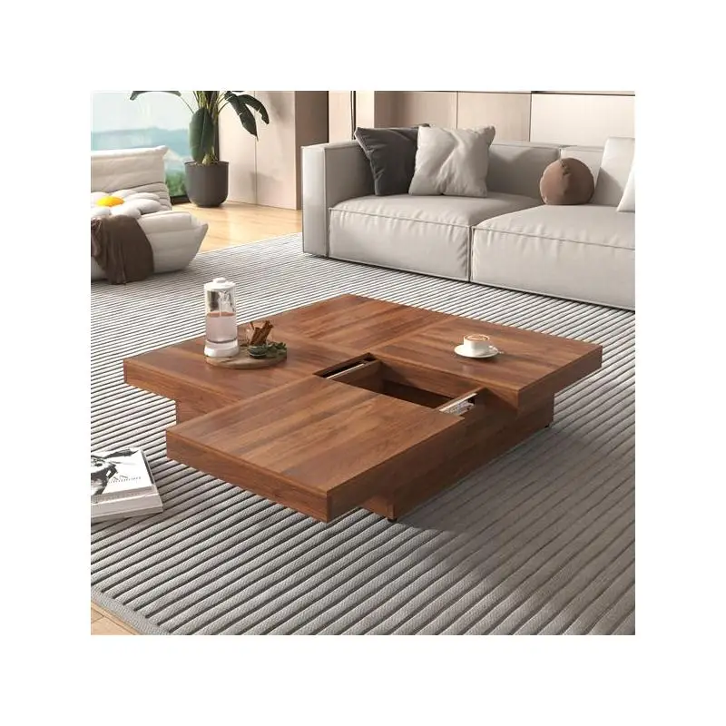 طاولة قهوة مربعة الشكل من الرخام مع سطح منزلق وتخزين بالجوز 39.4