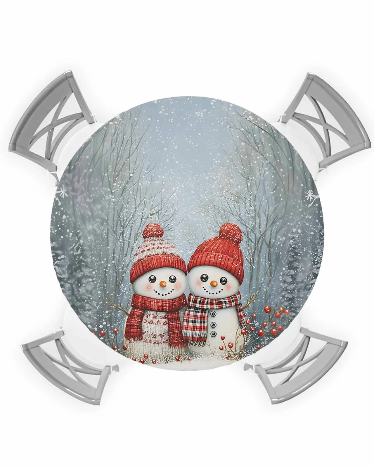 Snowy Forest Berry Snowman Round Elastic Edged Table Cover Protector Cloth Waterproof Rectangle Fitted Tablecloth