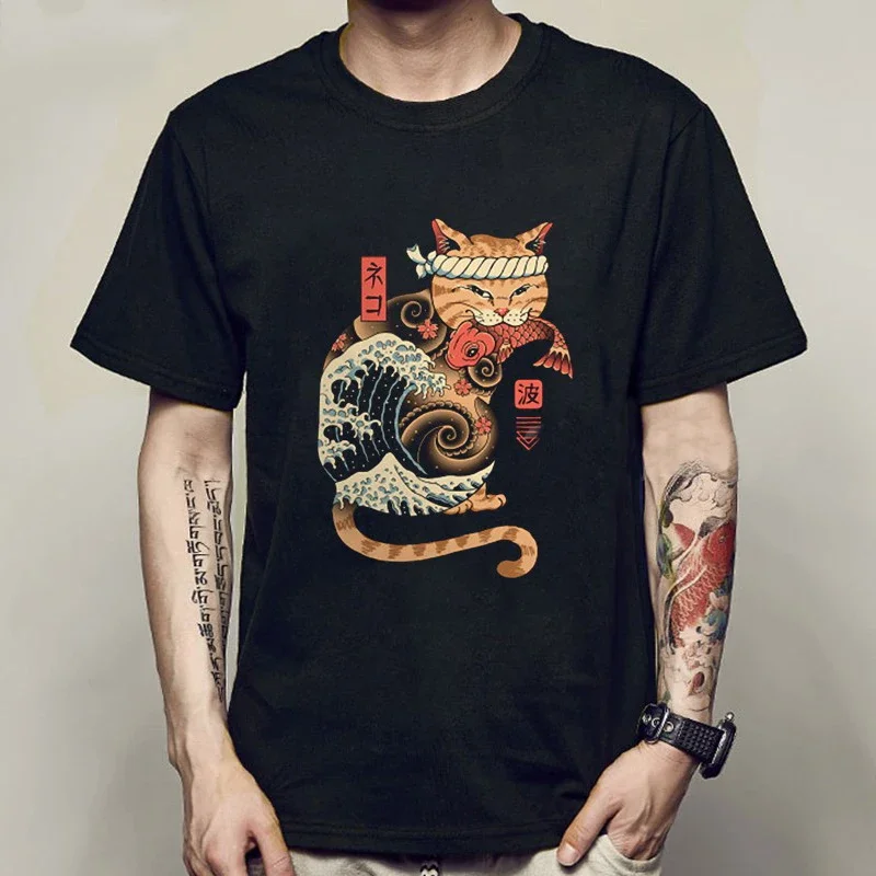 New Fashion Summer Mens T Shirt Casual Short Sleeve Samurai Cat Print Anime Tshirt Men Women Japanese Neko Sushi Wave Tops