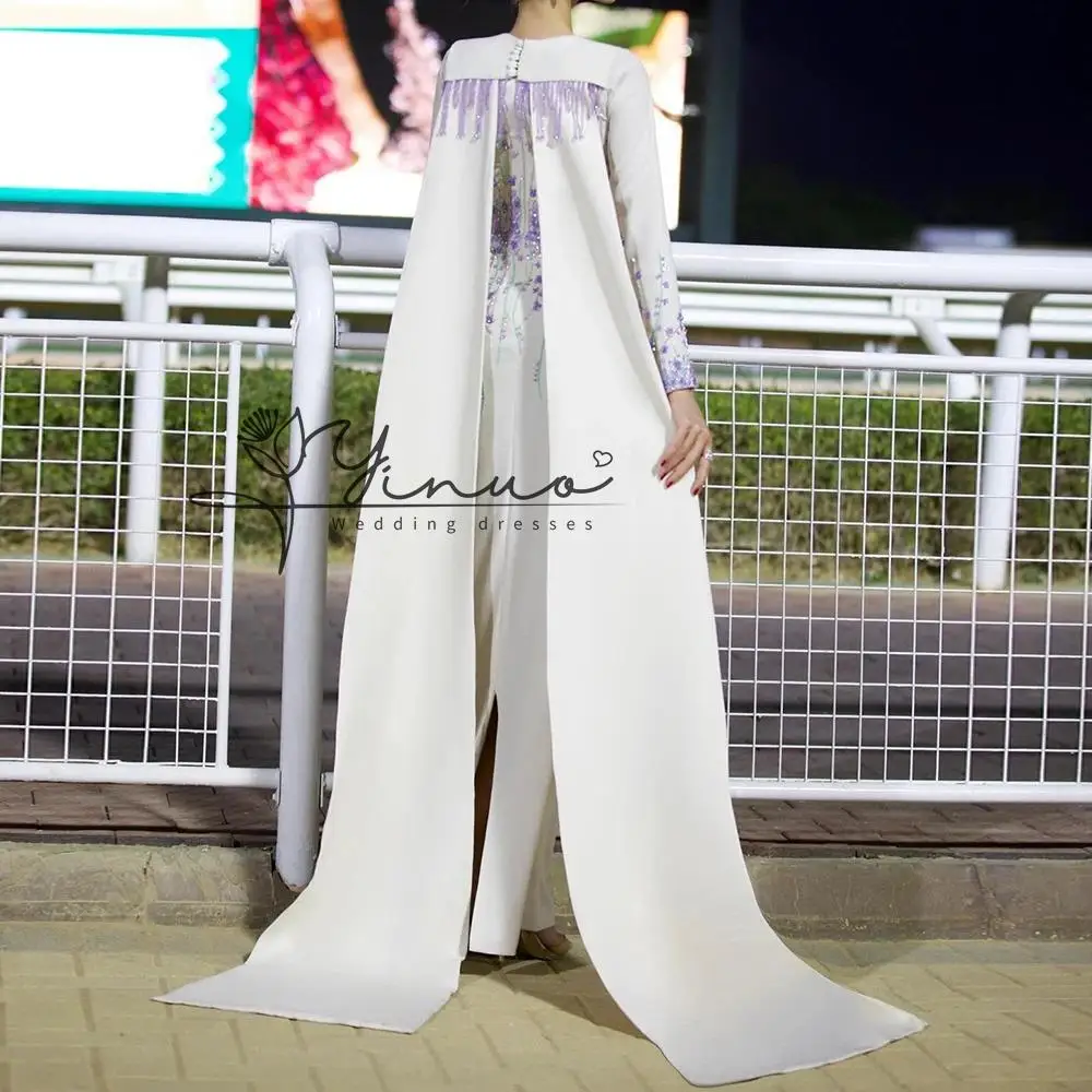 Customized A-line Evening Dresses Floor-length O-neck Full Sleeve Prom Gown Fashion Flowers Sequined Simple Draped view 2
