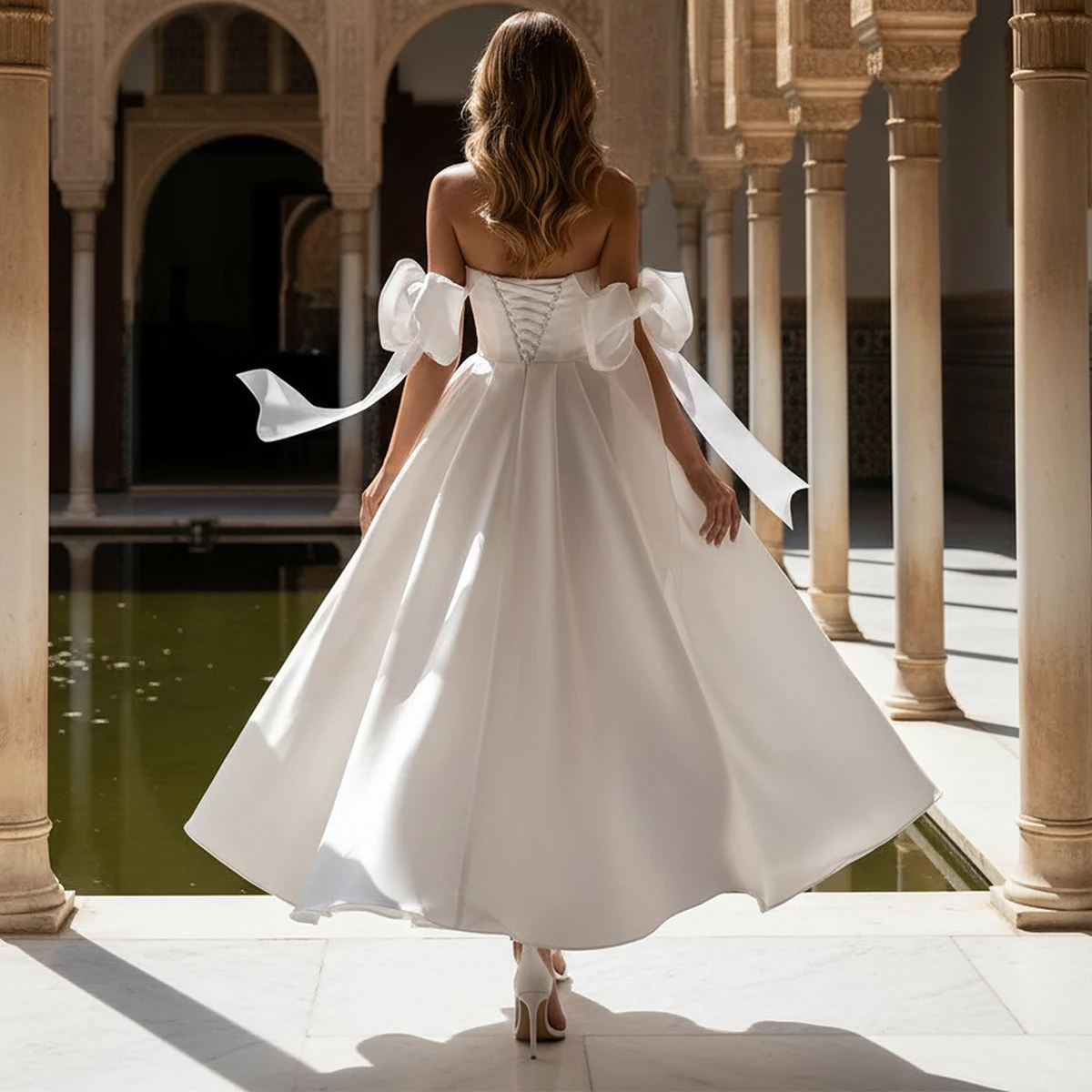 Simple Teal Length Satin Wedding Dresses With Bow Square Collar Ball Gown For Bride Pleated Bridal Gown For Women Vestidos Novia