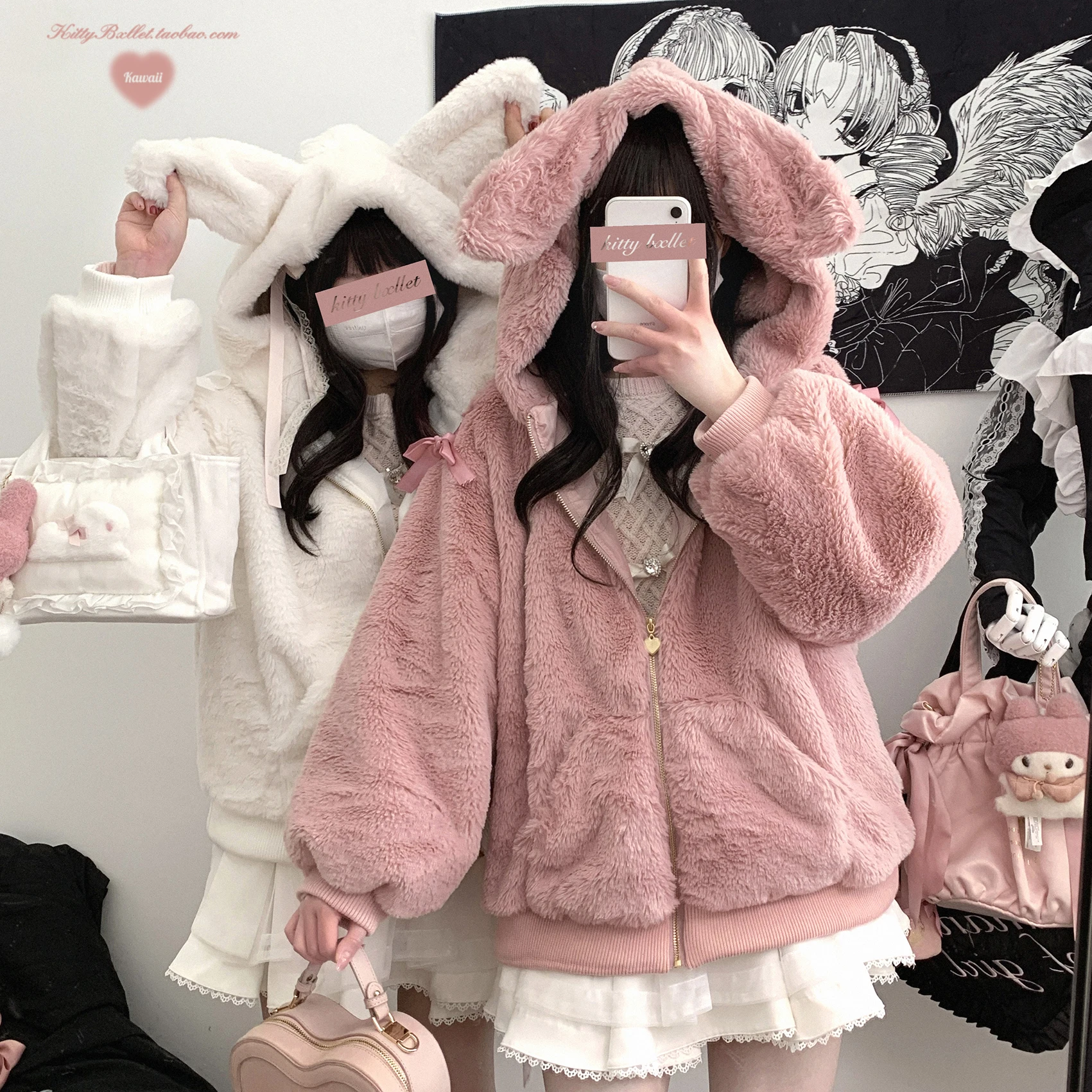 Japanese Style Tie-Up Long Sleeve Sweet Pink Plush Bunny Ear Zipper Lace-Up Hooded Jacket Winter Clothes Women Faux Fur Coats