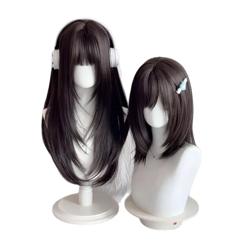 Brown Black Synthetic Wig for Women High Layered with Bangs Medium Length Straight Heat Resistant