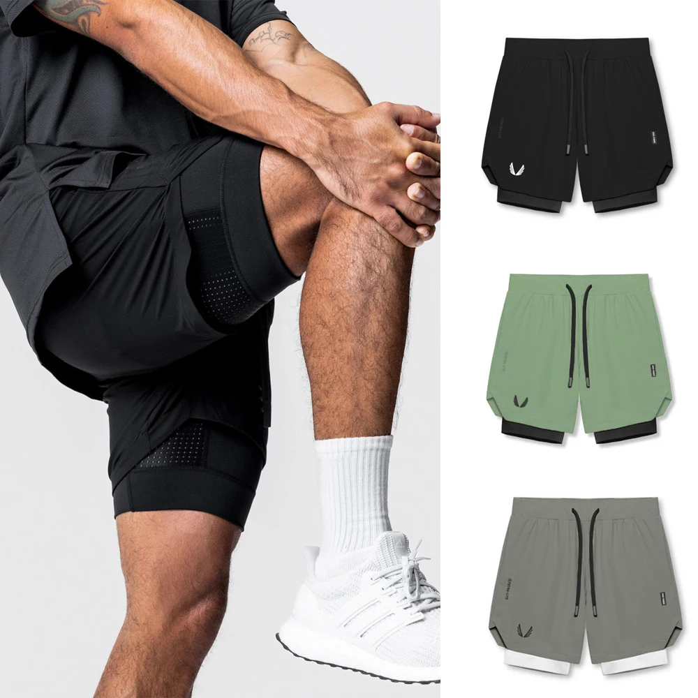 Спортивные мужские шорты, двухслойные шорты 2-в-1 с подкладкой для кармана для телефона, верхние брюки для бега для фитнеса