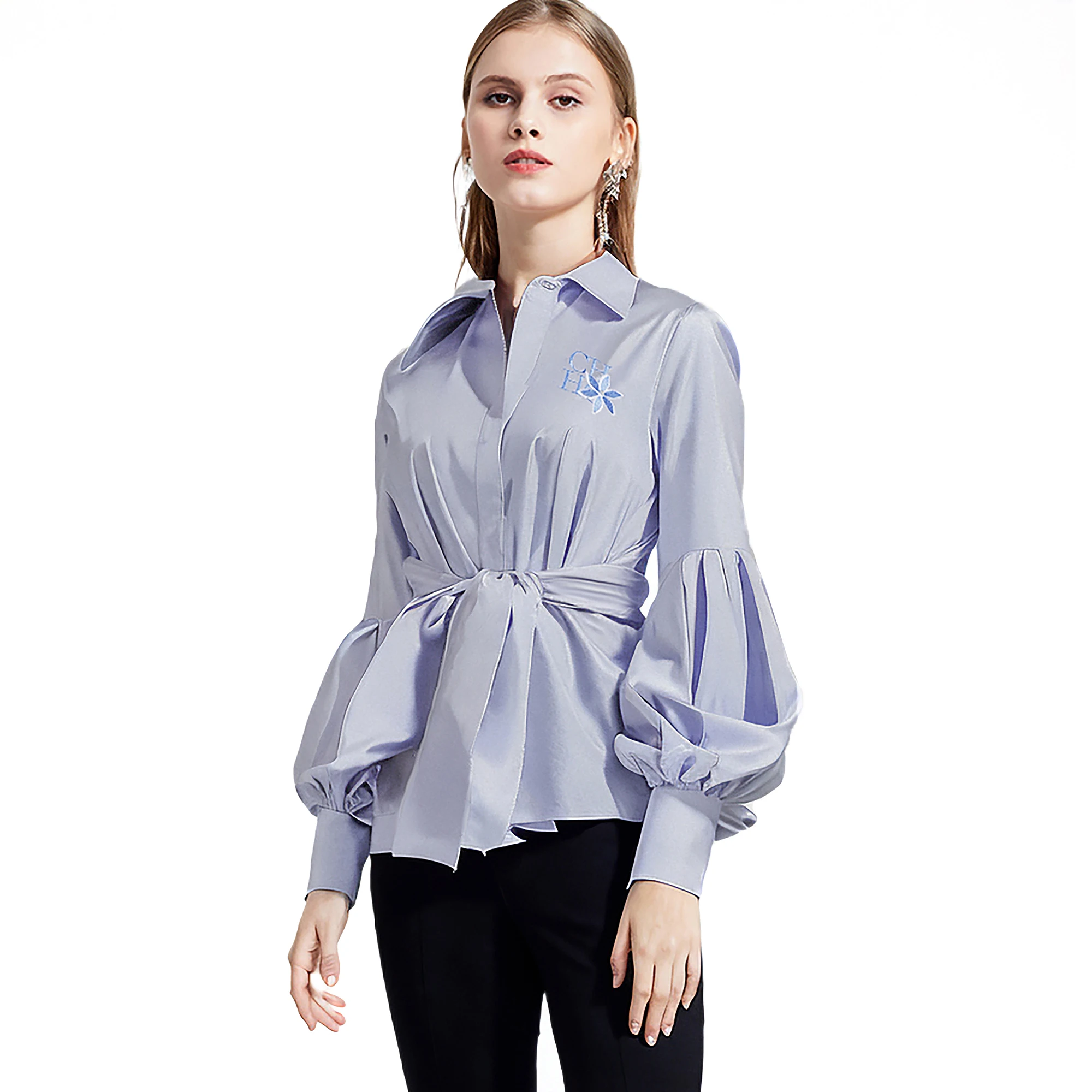 CHCH Women Embroidery Shirts Elegant Blouse 2024 Casual Lantern Long Sleeve Office Lady Blouses Fashion Commuting Tops